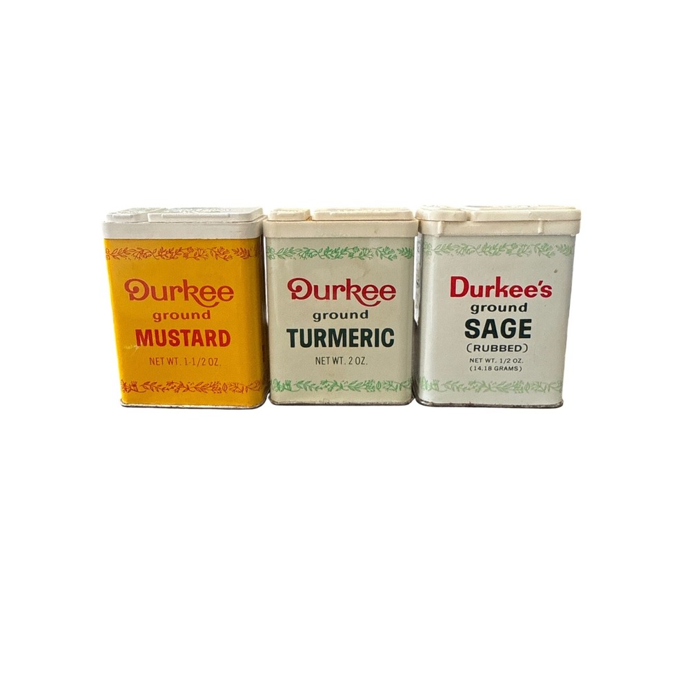Durkee Spice Tin Lot Assemblage Craft Props Mustard Turmeric Sage Taiwan Vintage